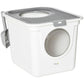 White covered cat litter box with round front door and gray top ventilation tray