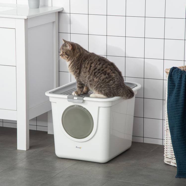White covered cat litter box with round front door and cat perched on top tray