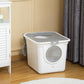 White covered cat litter box with round front entrance window and top grate lid