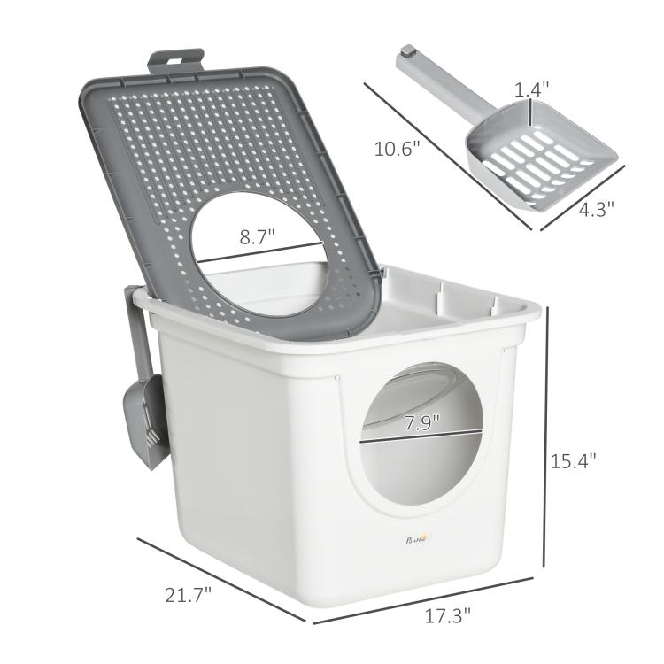 White covered cat litter box with round front door, detachable scoop, and top grate