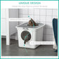 White covered cat litter box showing top entry route with round front door