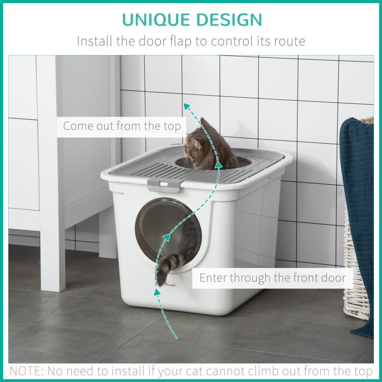 White covered cat litter box showing top entry route with round front door