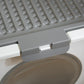 Gray sliding door flap latch on covered cat litter box front entrance