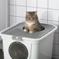White covered cat litter box with round front door and gray tabby cat on top tray