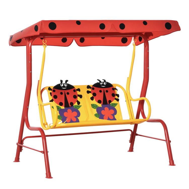 Red 2-seat kids patio swing with polka-dot canopy and ladybug seat panels, yellow safety bars
