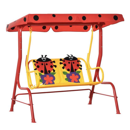 Red 2-seat kids patio swing with polka-dot canopy and ladybug seat panels, yellow safety bars