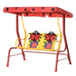 Red 2-seat kids swing with adjustable canopy and yellow frame, ladybug-pattern seat cushions