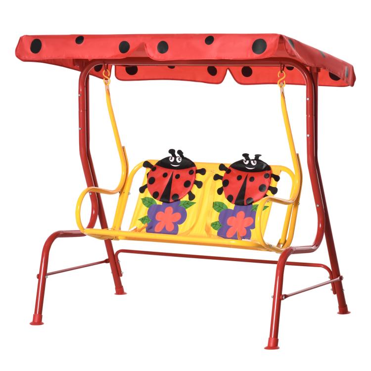 Red 2-seat kids swing with adjustable canopy and yellow frame, ladybug-pattern seat cushions