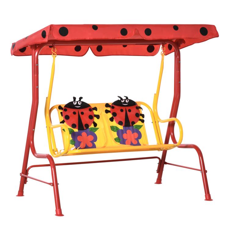 Kids two-seat swing with red frame, adjustable canopy, ladybug print seats