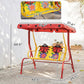 Red kids 2-seat patio swing with ladybug seat cushions and polka-dot canopy, size labeled