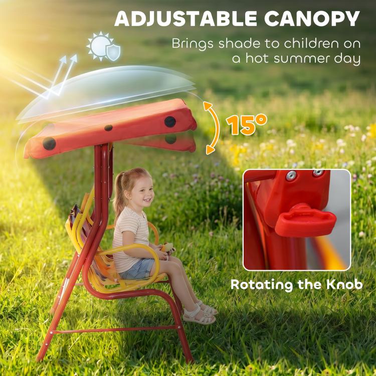 Red kids swing with adjustable canopy angle and rotating knob, ladybug seat panels