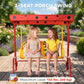 Red 2-seat porch swing with ladybug seat backs and canopy, with two children seated