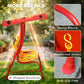 Red kids patio swing frame details: reinforced hooks and anti-slip feet with yellow bars