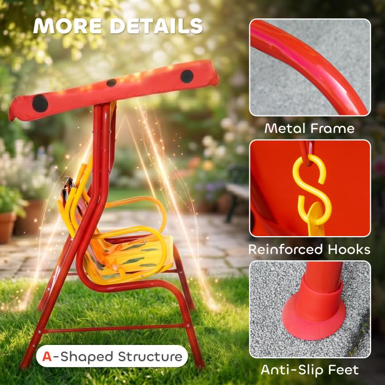 Red kids patio swing frame details: reinforced hooks and anti-slip feet with yellow bars