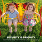 Two kids on red 2-seat swing with ladybug seat cushions and safety seat belts