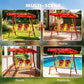 Red 2-seat kids patio swing shown in multiple outdoor locations, ladybug canopy seats