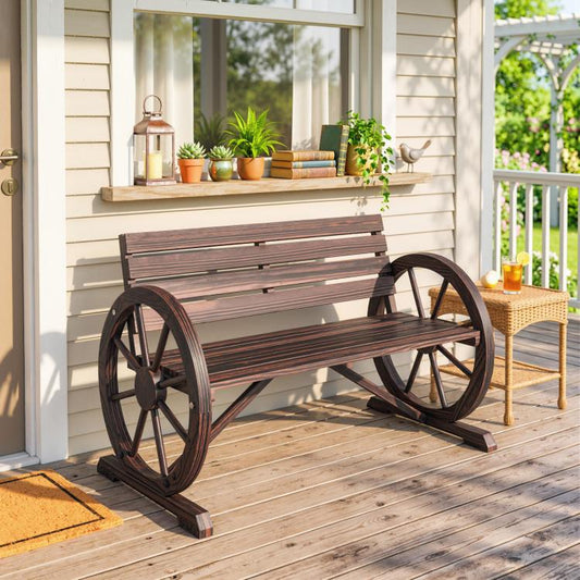 Two-person wooden wagon wheel bench with slatted seat and backrest, dark brown