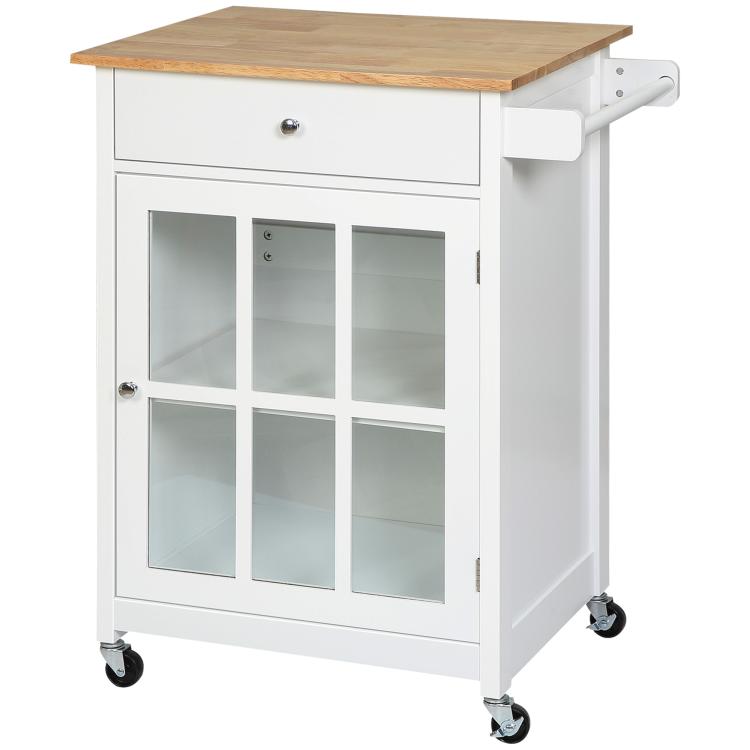 White kitchen cart with drawer and glass door cabinet, wooden top, side pull handle