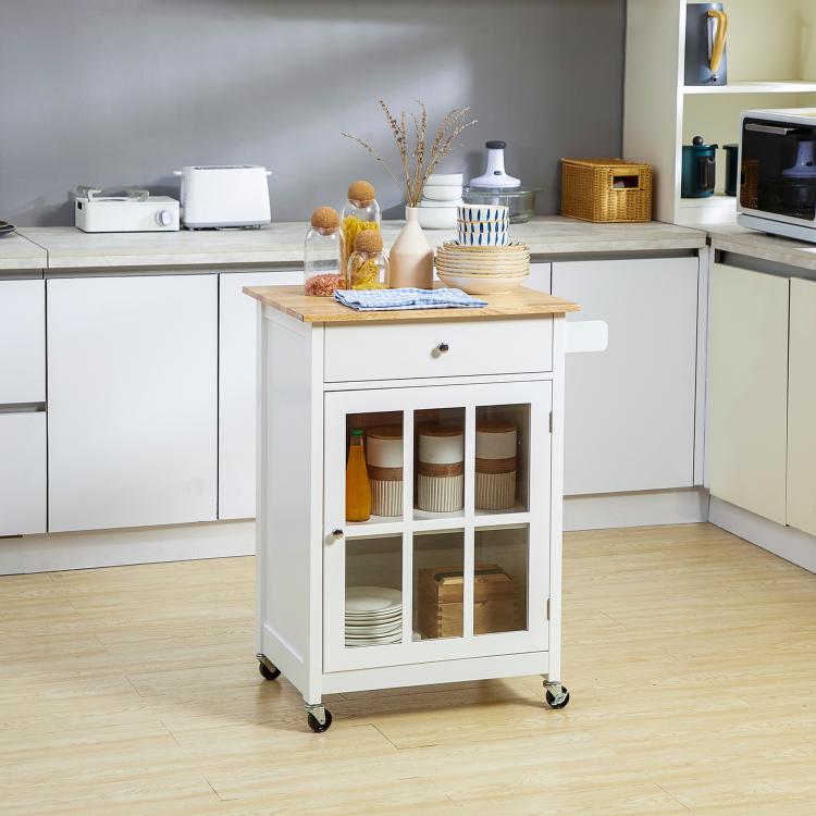 White kitchen island cart with drawer and glass door cabinet, wooden top and storage