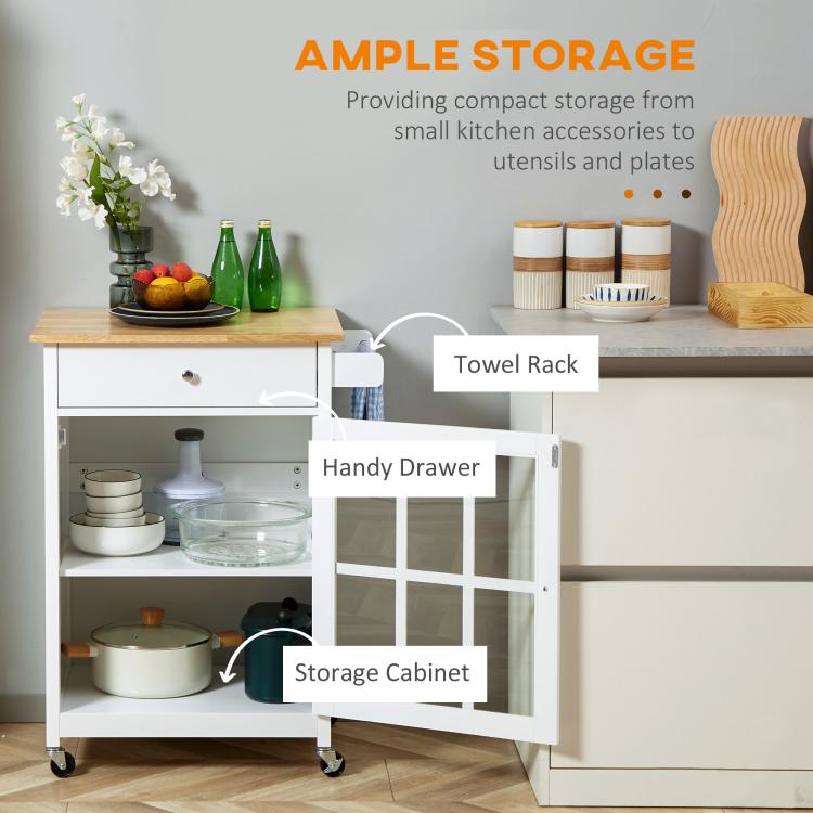 White kitchen island cart with glass storage cabinet, drawer, and towel rack