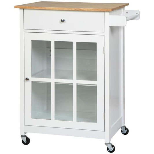 27 inch Rolling Kitchen Island Cart with Drawer and Glass Door Cabinet, Kitchen Trolley with Adjustable Shelf and Towel Rack, White