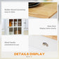 White cart with glass door cabinet, metal drawer handle, and wood countertop