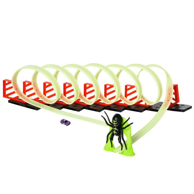 Lime green glowing track loop toy set with pull-back car and spider figure accessory