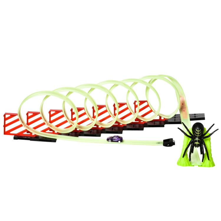 Criss-cross glowing race track with pull-back car and green spider play figure