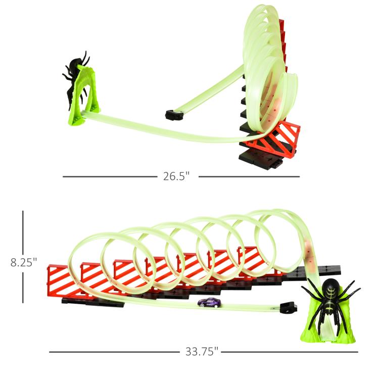 Glowing track loop kit with pull-back car, measurement view, and spider figure