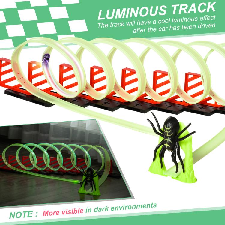 Glowing luminous track with pull-back car and black-and-green spider play figure