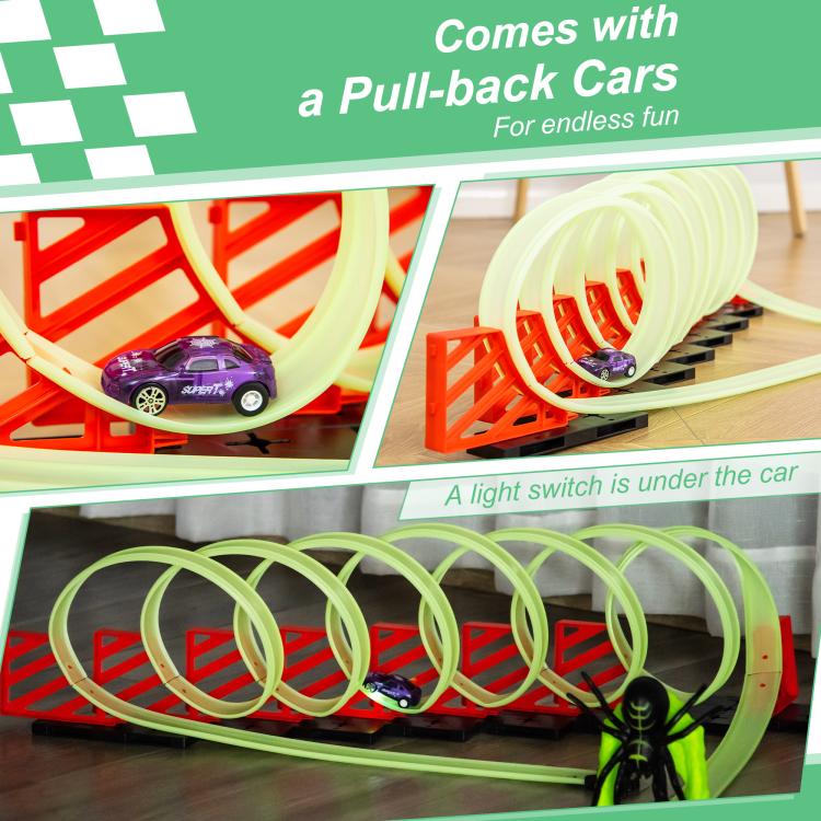 Glowing track loop set with pull-back cars, spider figure, and light switch concept