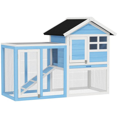 Light blue and white rabbit hutch with wire run and black asphalt-style roof