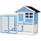 Light blue rabbit hutch house with enclosed wire run, white frame, black roof
