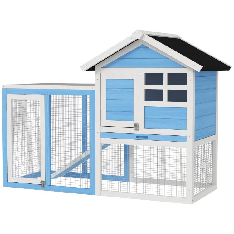 Light blue rabbit hutch house with enclosed wire run, white frame, black roof