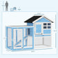 Rabbit hutch and run dimensions diagram showing light blue, white, and black roof