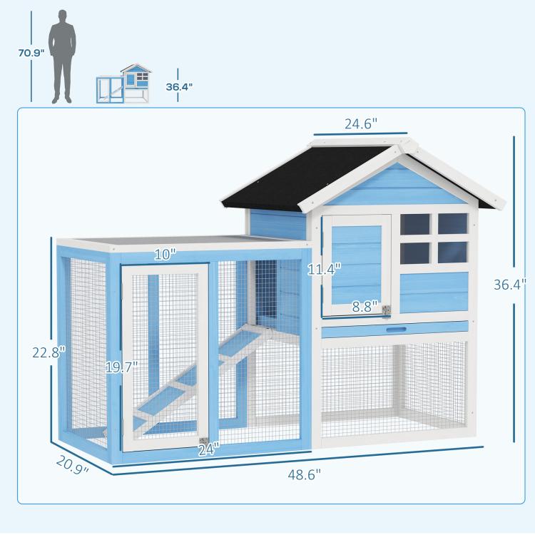 Rabbit hutch and run dimensions diagram showing light blue, white, and black roof