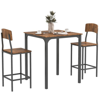 Square pub table with two bar stools, warm wood top and black steel frames