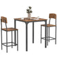 Square pub table with two bar stools, dark wood tabletop and black metal legs