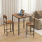 Square pub dining table with two walnut bar stools, black metal legs