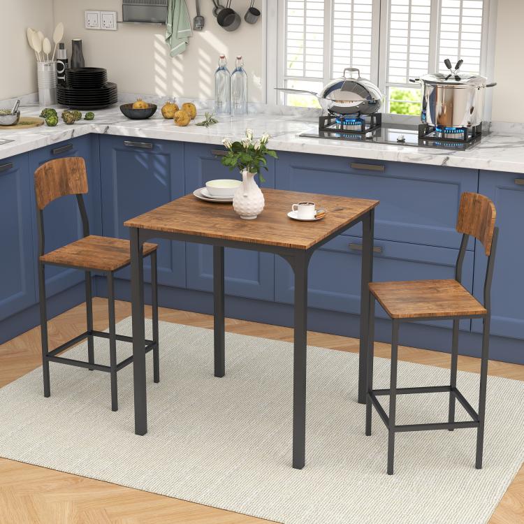 Square pub dining table with two stools, walnut-style tops and black metal legs