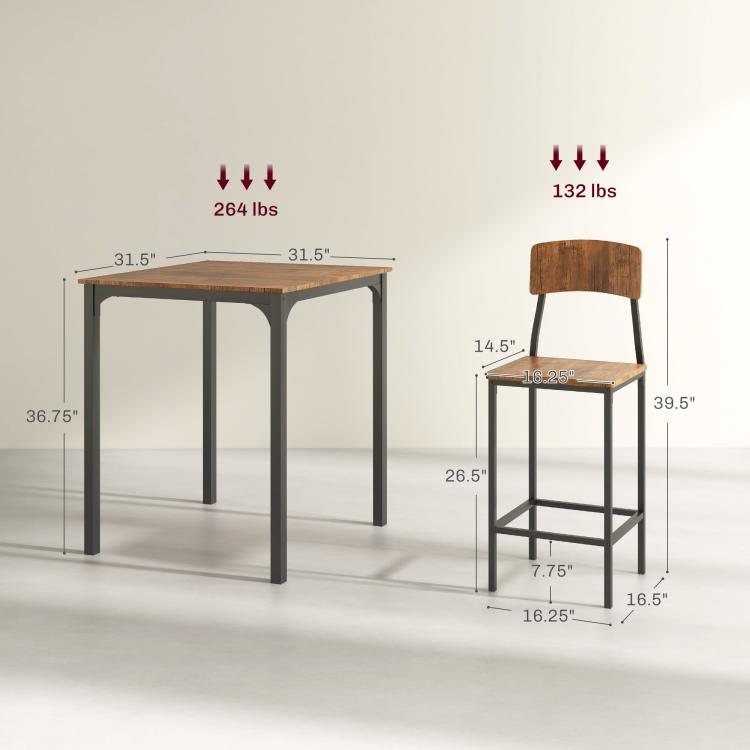 Square table and bar stool size chart, walnut-style tops with black metal frames