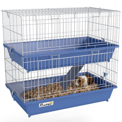 Blue wire small animal 2-tier cage with ramp and divider, includes lower tray bedding area