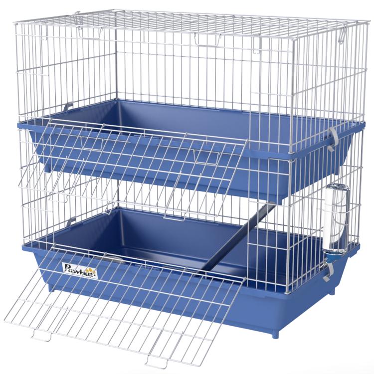 Blue wire 2-tier small animal cage with front access ramp and two-level plastic base trays