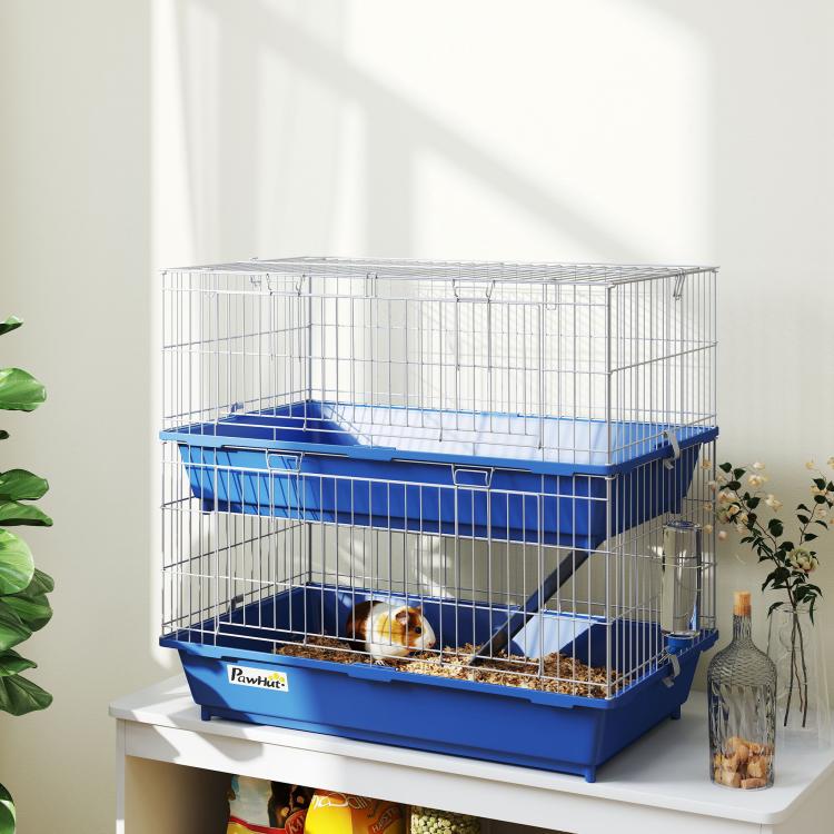 Blue wire 2-tier small animal cage on a table, with ramp and included water bottle