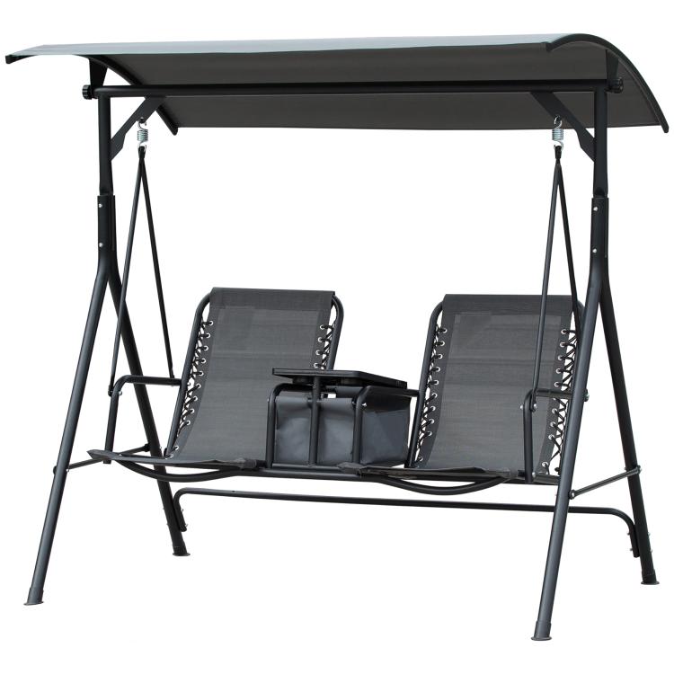 2 Person Porch Swing with Canopy, Storage Table, Cup Holder, Gray