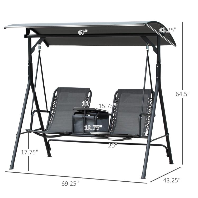 2 Person Porch Swing with Canopy, Storage Table, Cup Holder, Gray