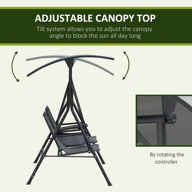 2 Person Porch Swing with Canopy, Storage Table, Cup Holder, Gray