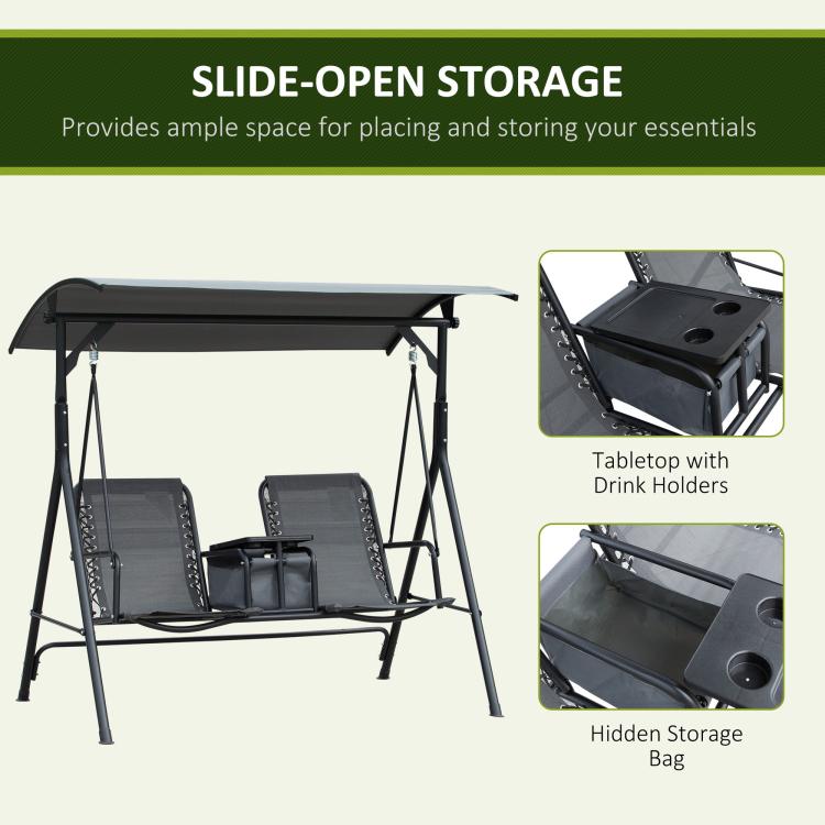 2 Person Porch Swing with Canopy, Storage Table, Cup Holder, Gray