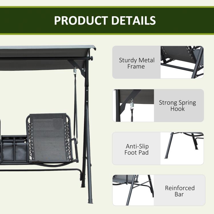 2 Person Porch Swing with Canopy, Storage Table, Cup Holder, Gray