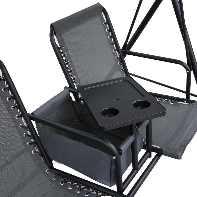 2 Person Porch Swing with Canopy, Storage Table, Cup Holder, Gray